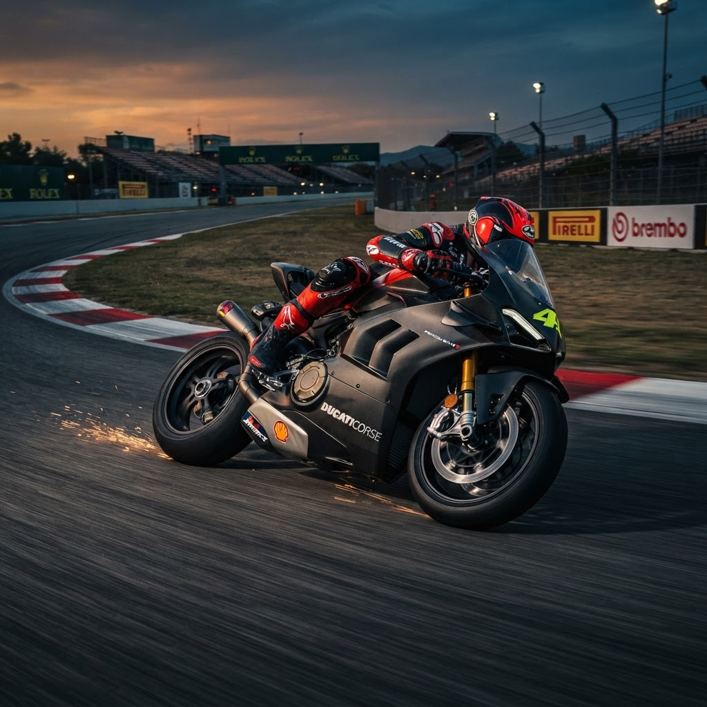 Superbike with carbon fiber winglets cornering on a race track